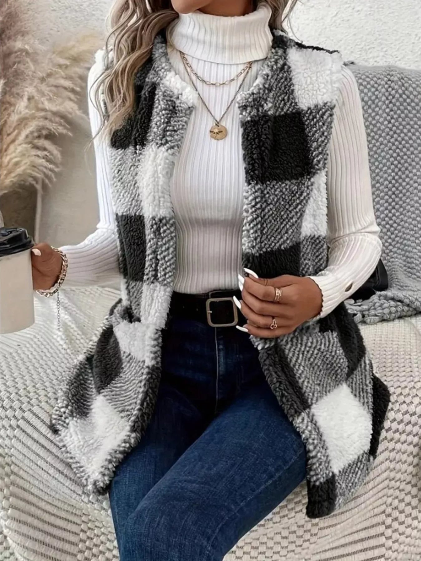 Cozy Plaid Sherpa Vest Coat