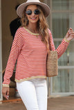 Striped Round Neck Drop Shoulder T-Shirt Red