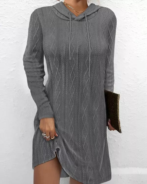 Casual Long Sleeve Hooded Knit Dress Dark Gray