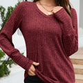 V-Neck Textured Knit Long Sleeve T-Shirt Red