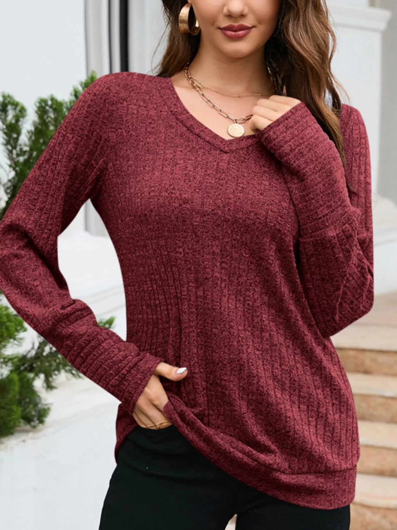 V-Neck Textured Knit Long Sleeve T-Shirt Red