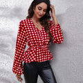 Plaid V-Neck Balloon Sleeve Peplum Blouse