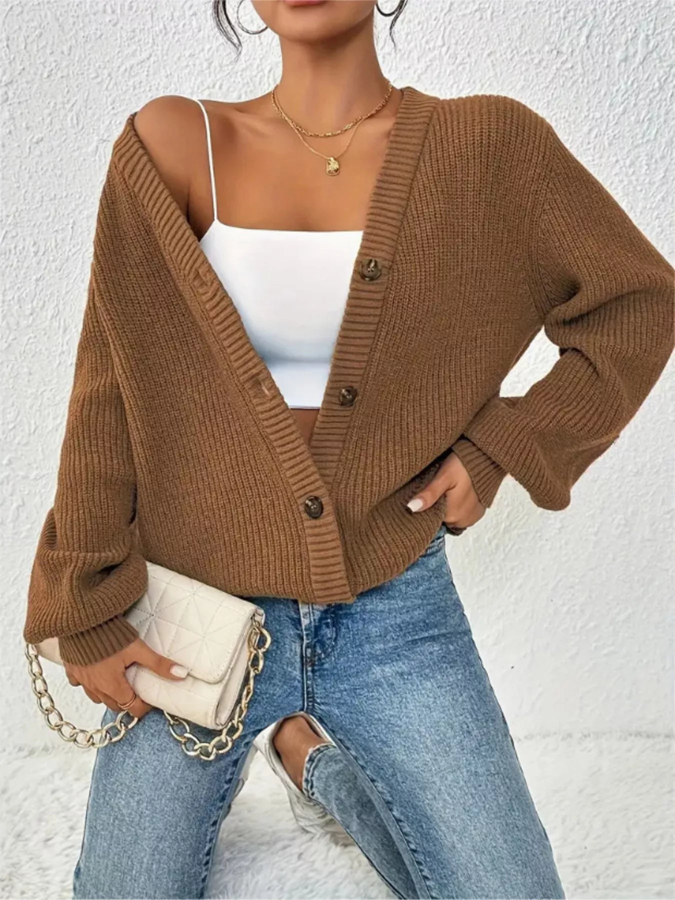 Chunky Knit Button-Down Cardigan Brown
