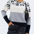 Full Size Leopard Color Block Long Sleeve Sweater Plus Size Light Blue