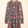 Frilly Smocked Bodice Floral Mesh Long Sleeve Mini Dress