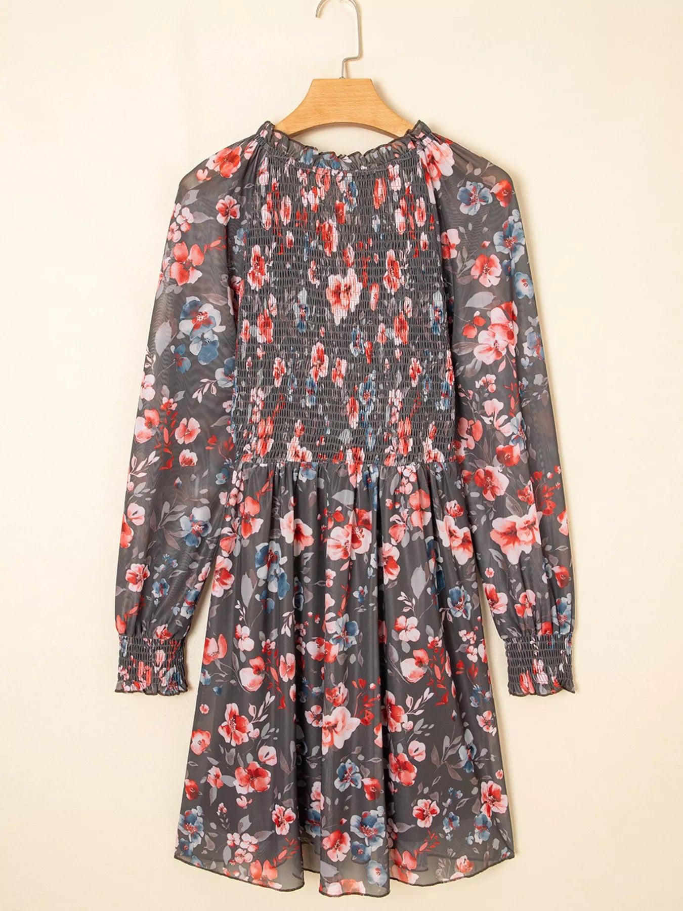 Frilly Smocked Bodice Floral Mesh Long Sleeve Mini Dress