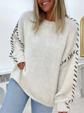 Contrast Stitching Dropped Shoulder Sweater Apricot