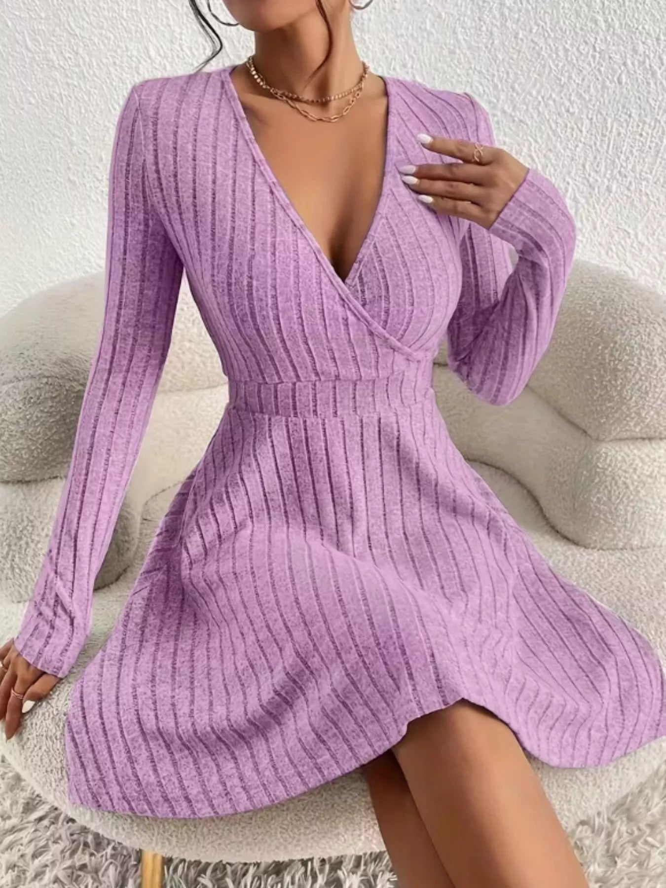 Ribbed Knit Wrap Mini Dress