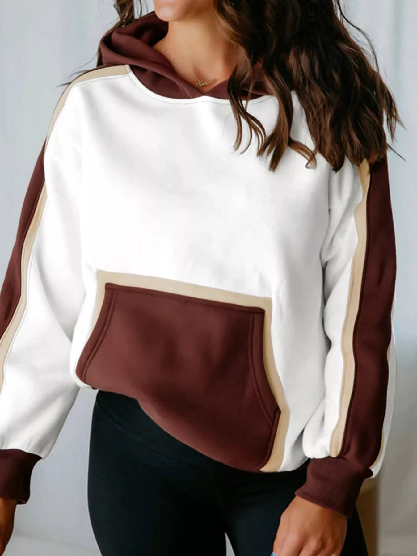 Color Block Patchwork Hooded Sweatshirt Dark Brown