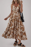 Floral Shirred High Waist Spaghetti Straps Dress Mocha