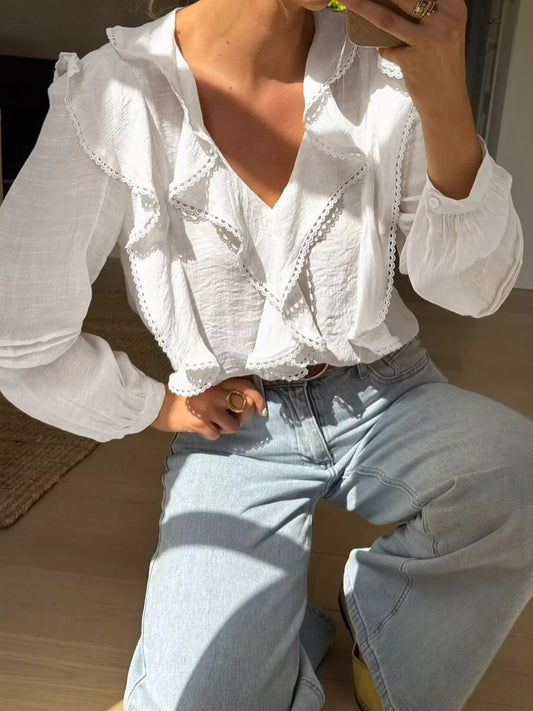 Ruffle Trim V-Neck Blouse Gray white