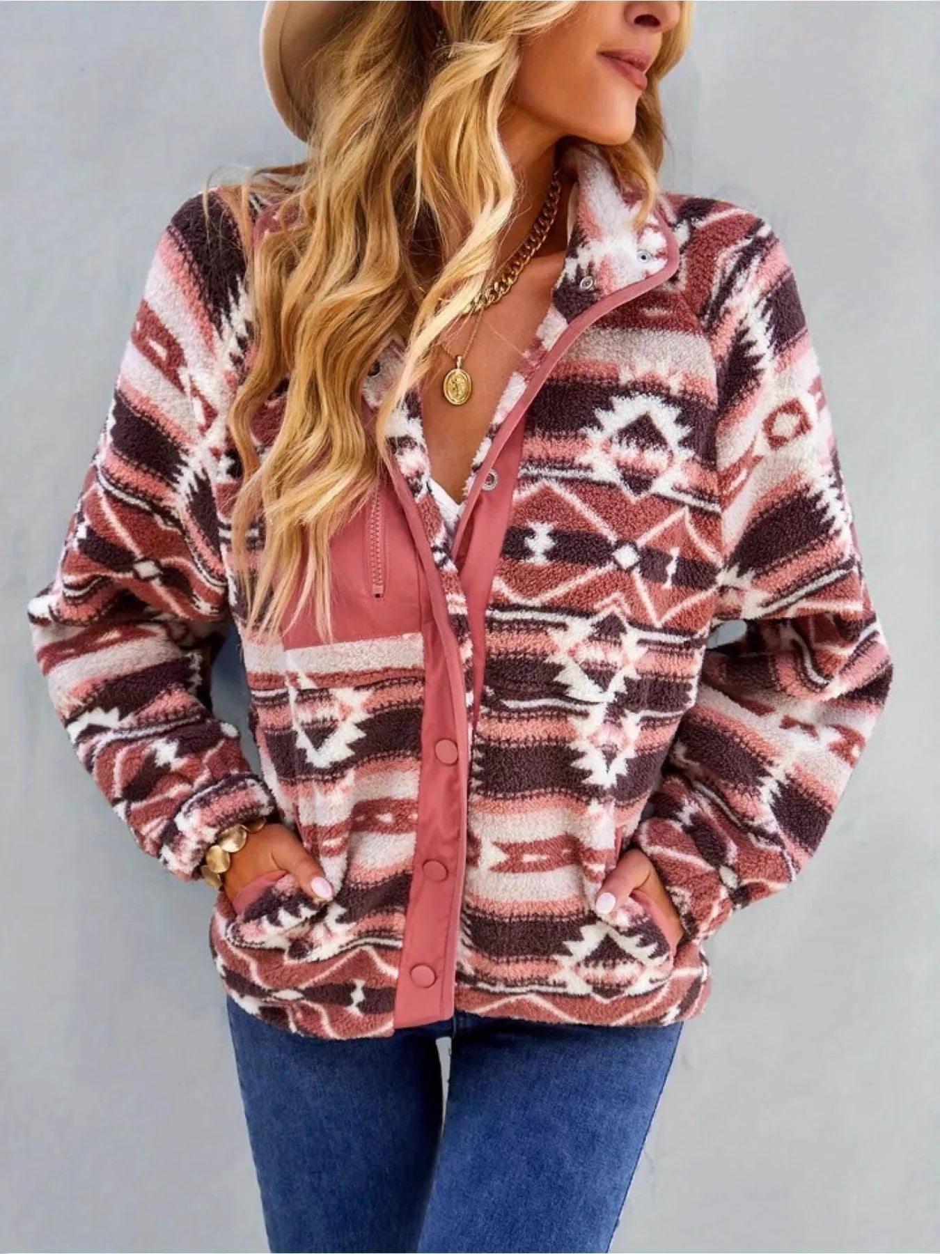 Aztec Print Fleece Snap Down Jacket
