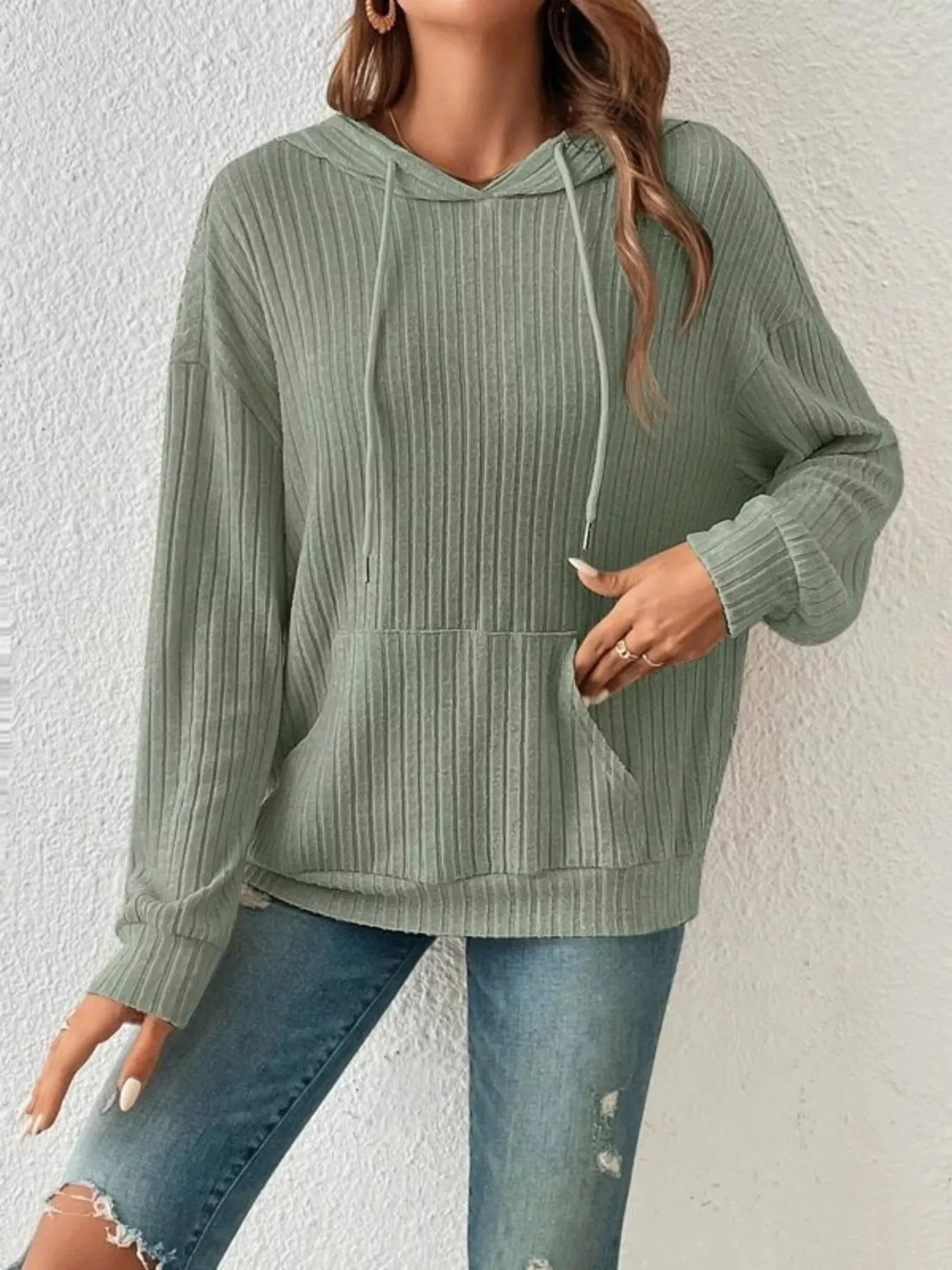 Ribbed Knit Long Sleeve Hoodie Green