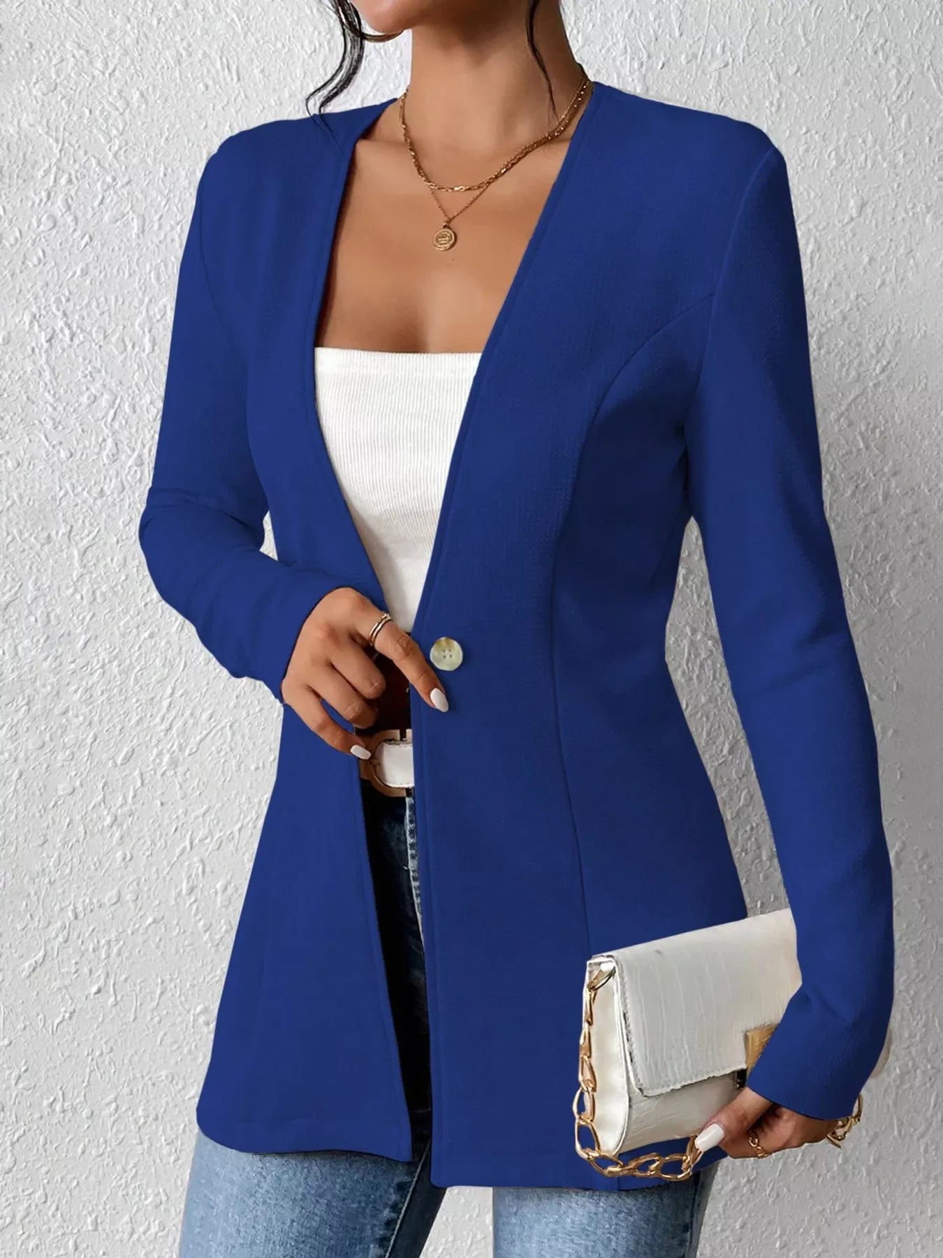 One Button Long Sleeve Blazer Blue