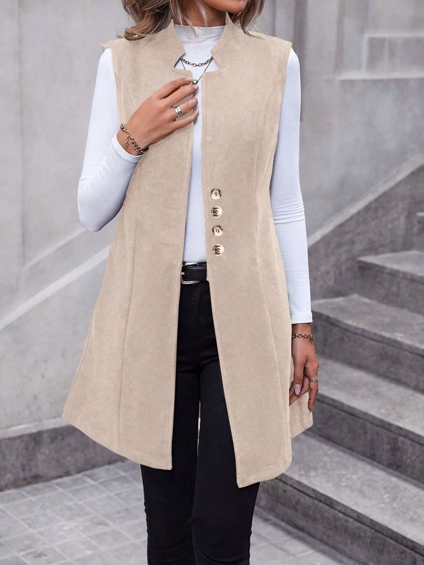 Button Up Sleeveless Longline Vest Coat