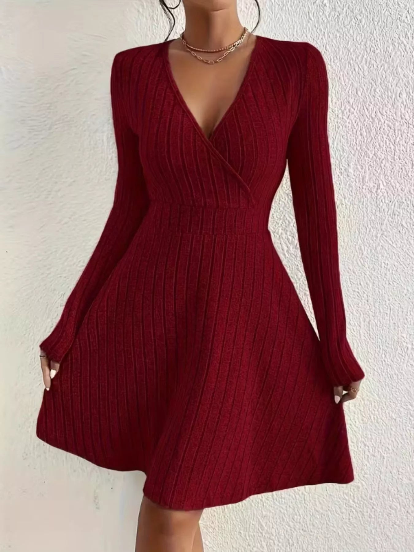Ribbed Knit Wrap Mini Dress Burgundy