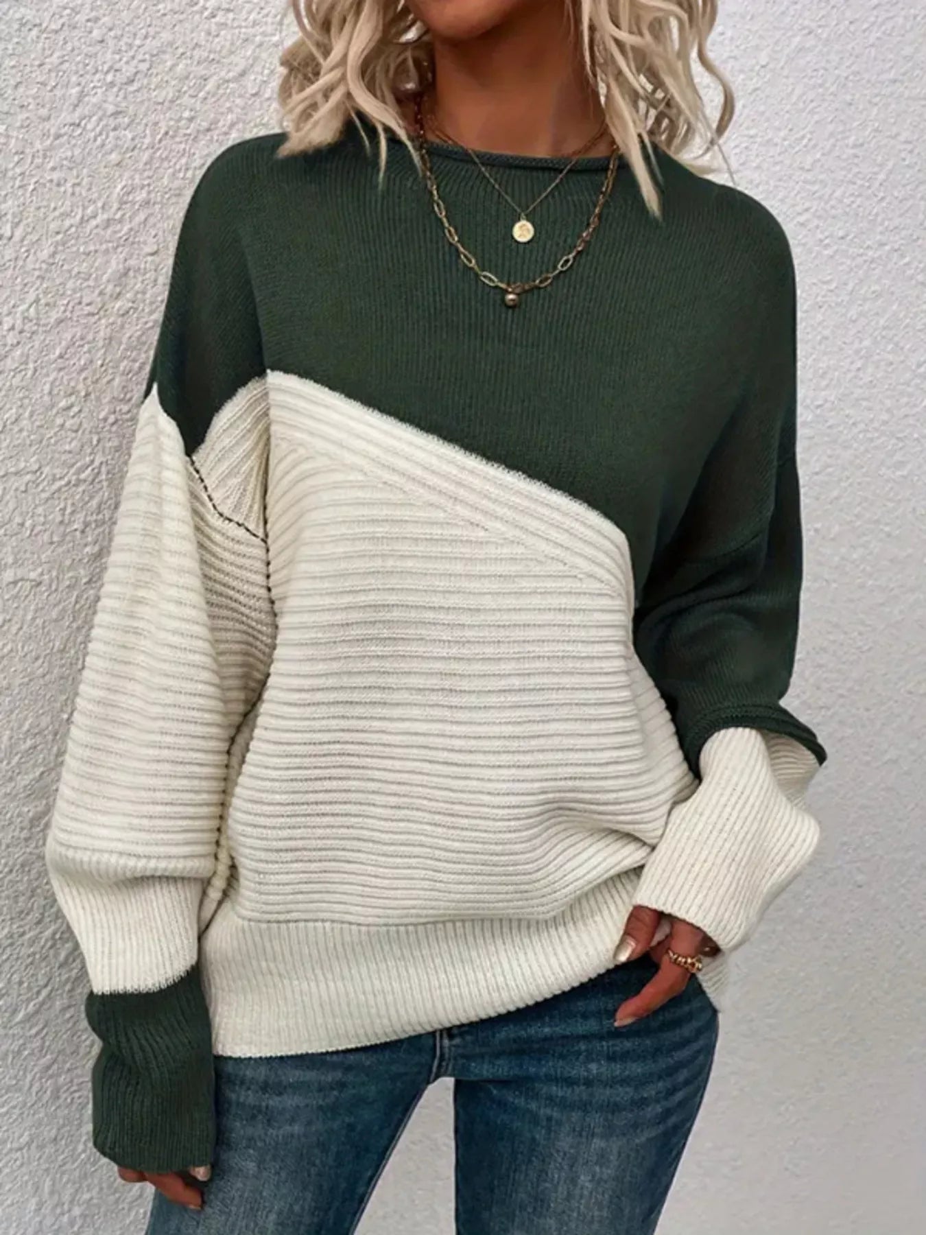 Color Block Ribbed Knit Sweater Army Green