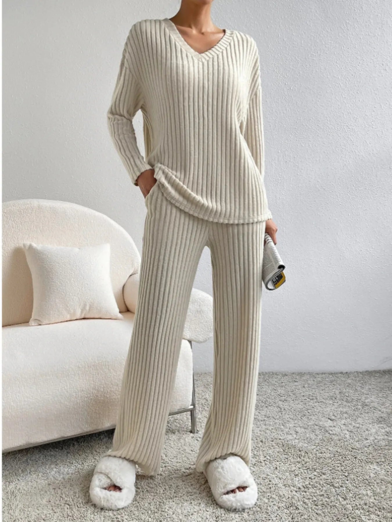 Ribbed Knit V-Neck Top and Pants Lounge Set Tan