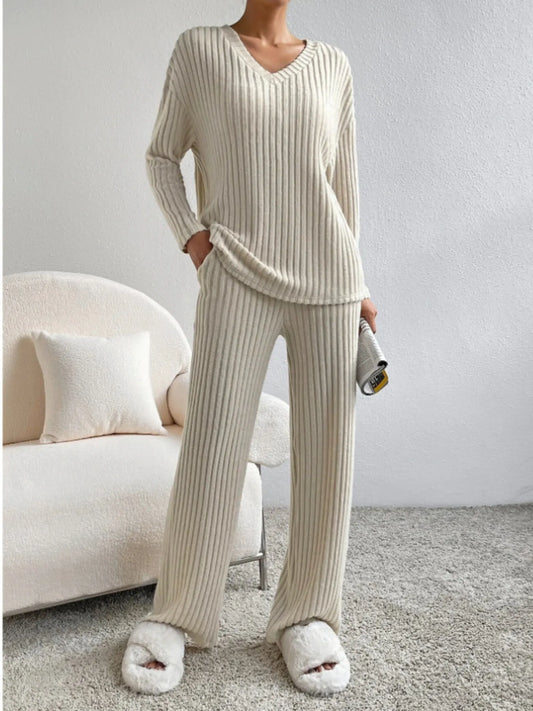 Ribbed Knit V-Neck Top and Pants Lounge Set Tan