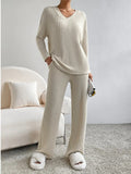 Ribbed Knit V-Neck Top and Pants Lounge Set Tan