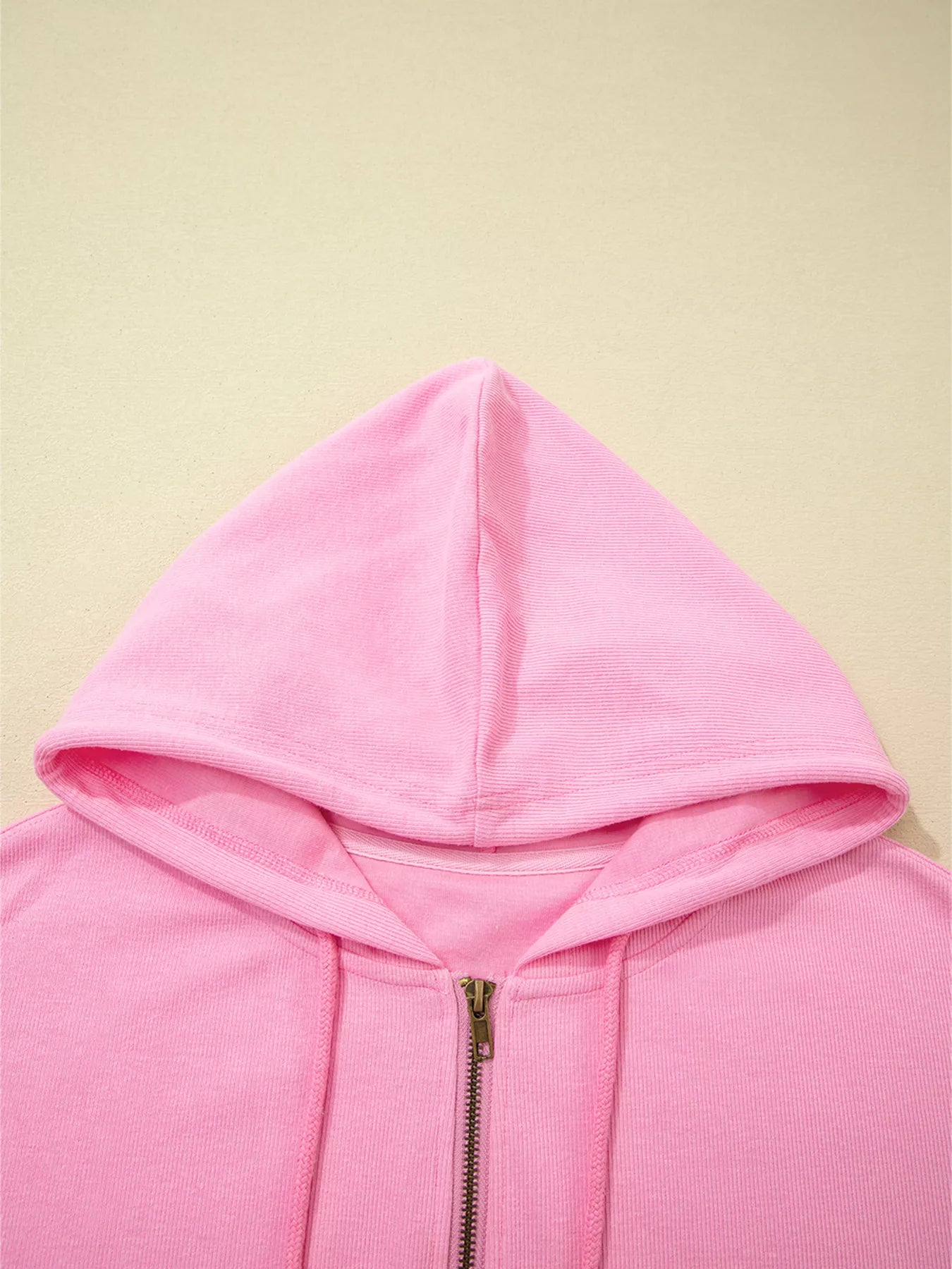 Solid Color Ribbed Zip Up Drawstring Hooded Jacket