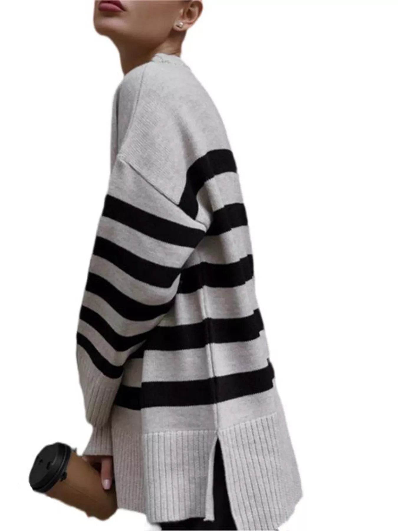 Side Slit Striped Oversized Knit Sweater