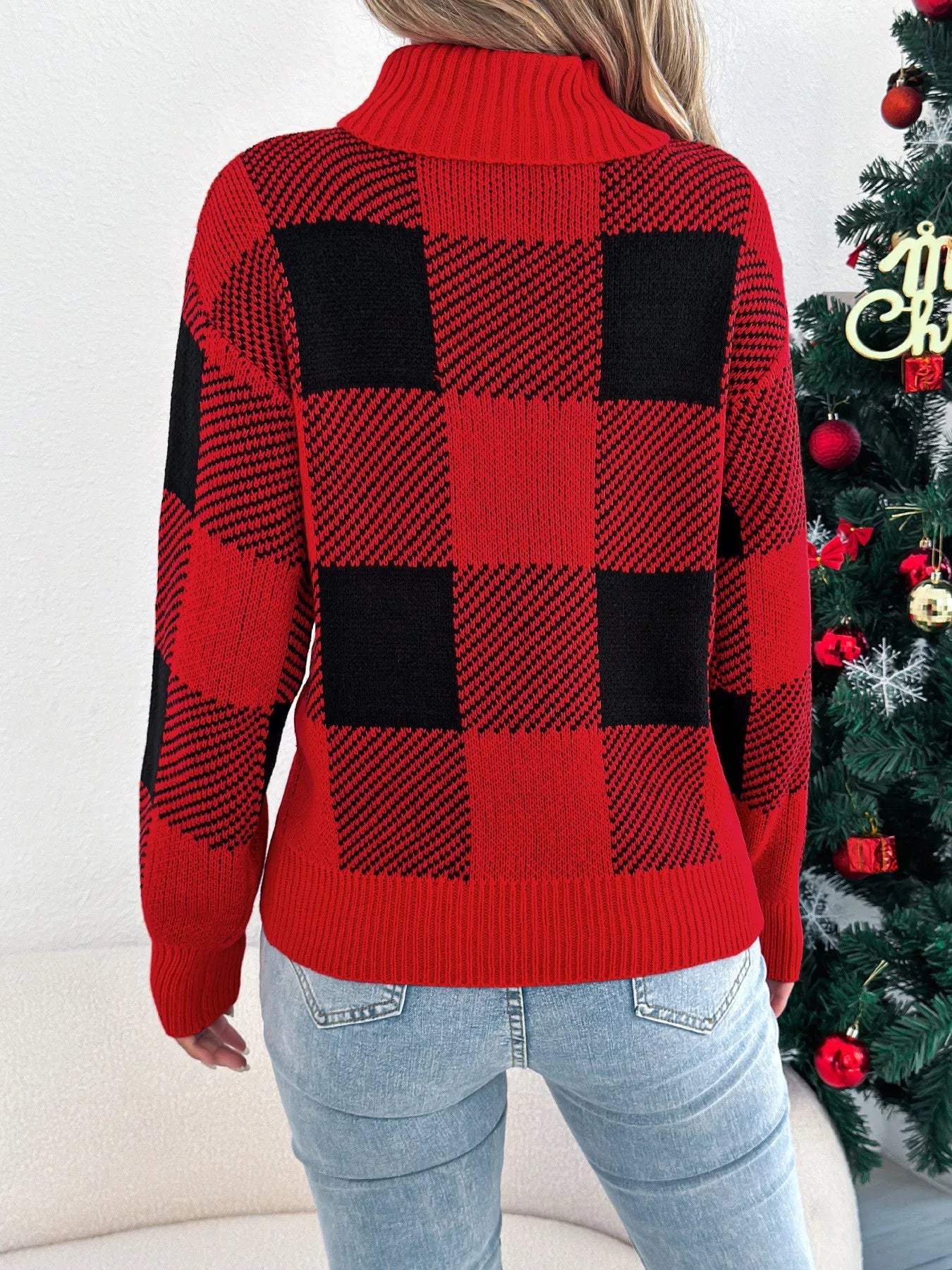 Christmas Plaid Long Sleeve Turtleneck Sweater