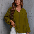 Crochet Tassel Tie Neck Long Sleeve Blouse Moss