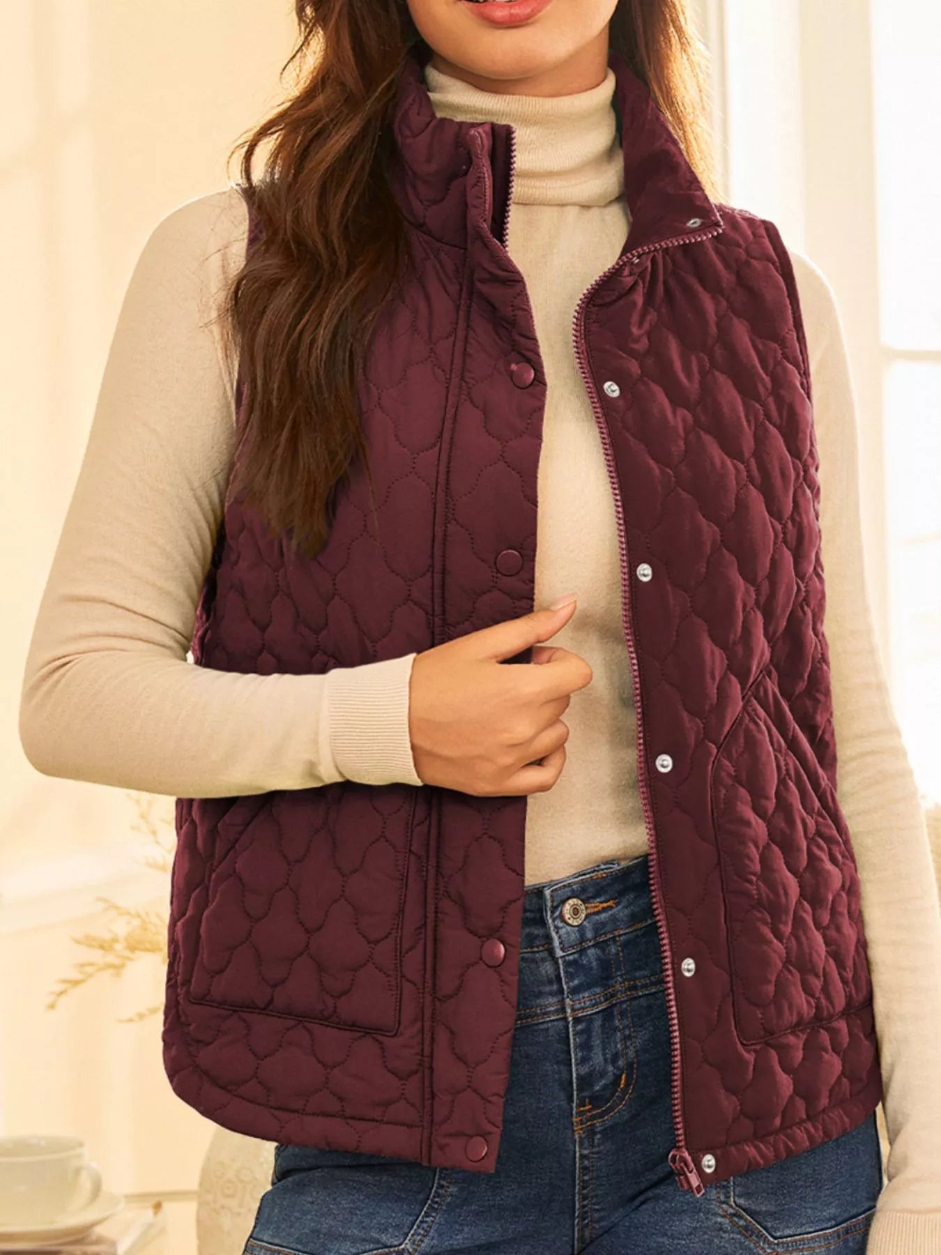Quilted Snap Down Zip Up Vest Coat