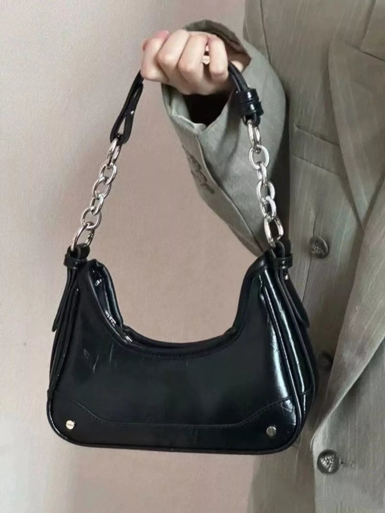 Leather Chain Strap Shoulder Bag Black One Size