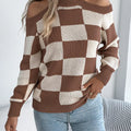 Cold Shoulder Checkered Long Sleeve Sweater