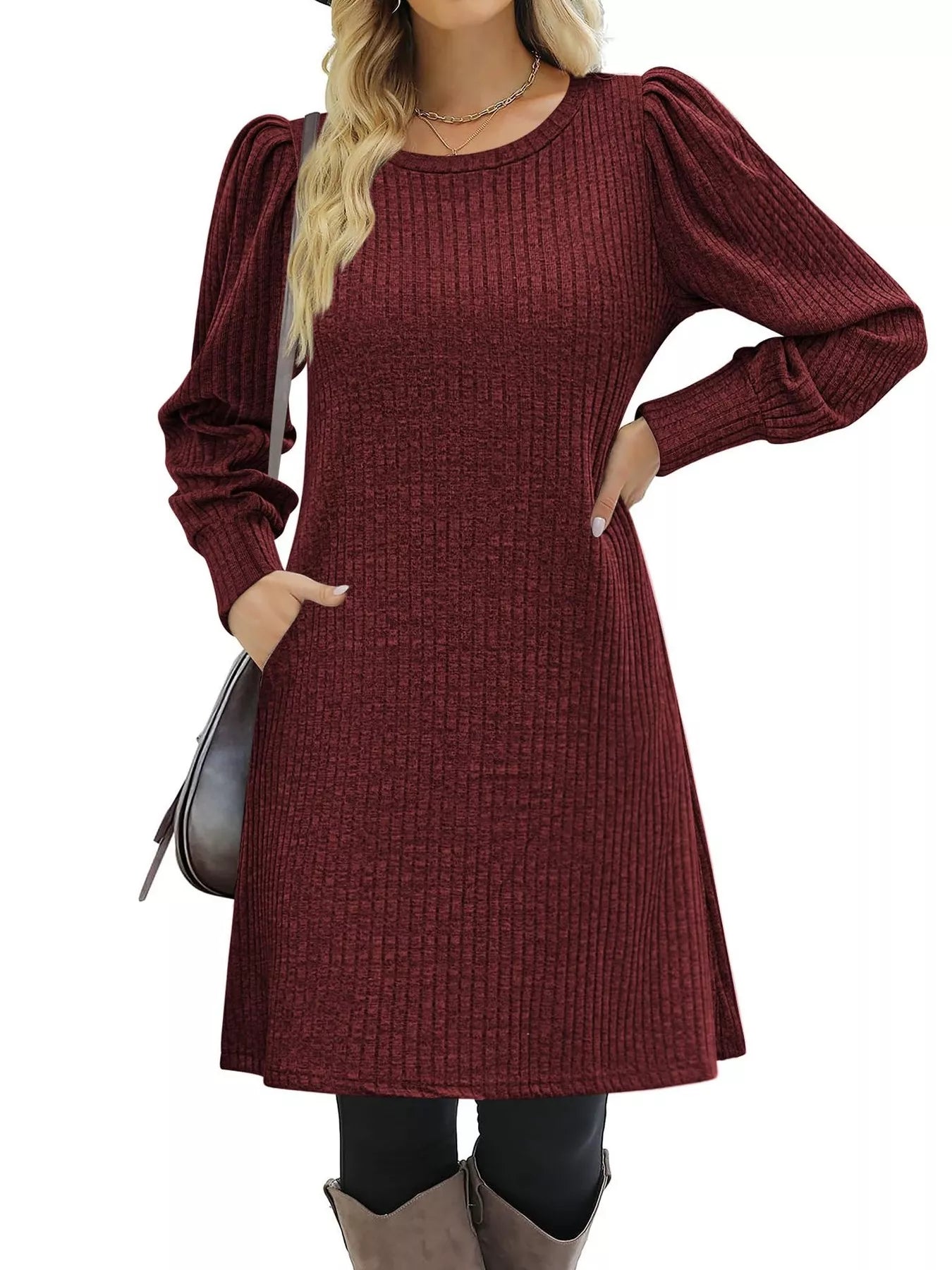 Ribbed Knit Puff Sleeve Casual Mini Dress