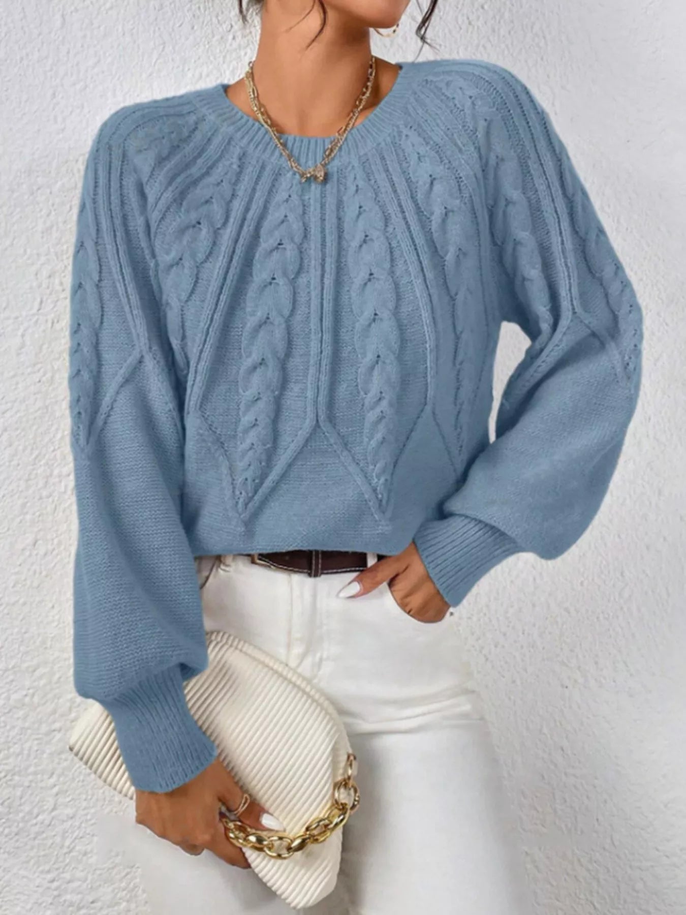 Cable Knit Long Sleeve Sweater Light Blue