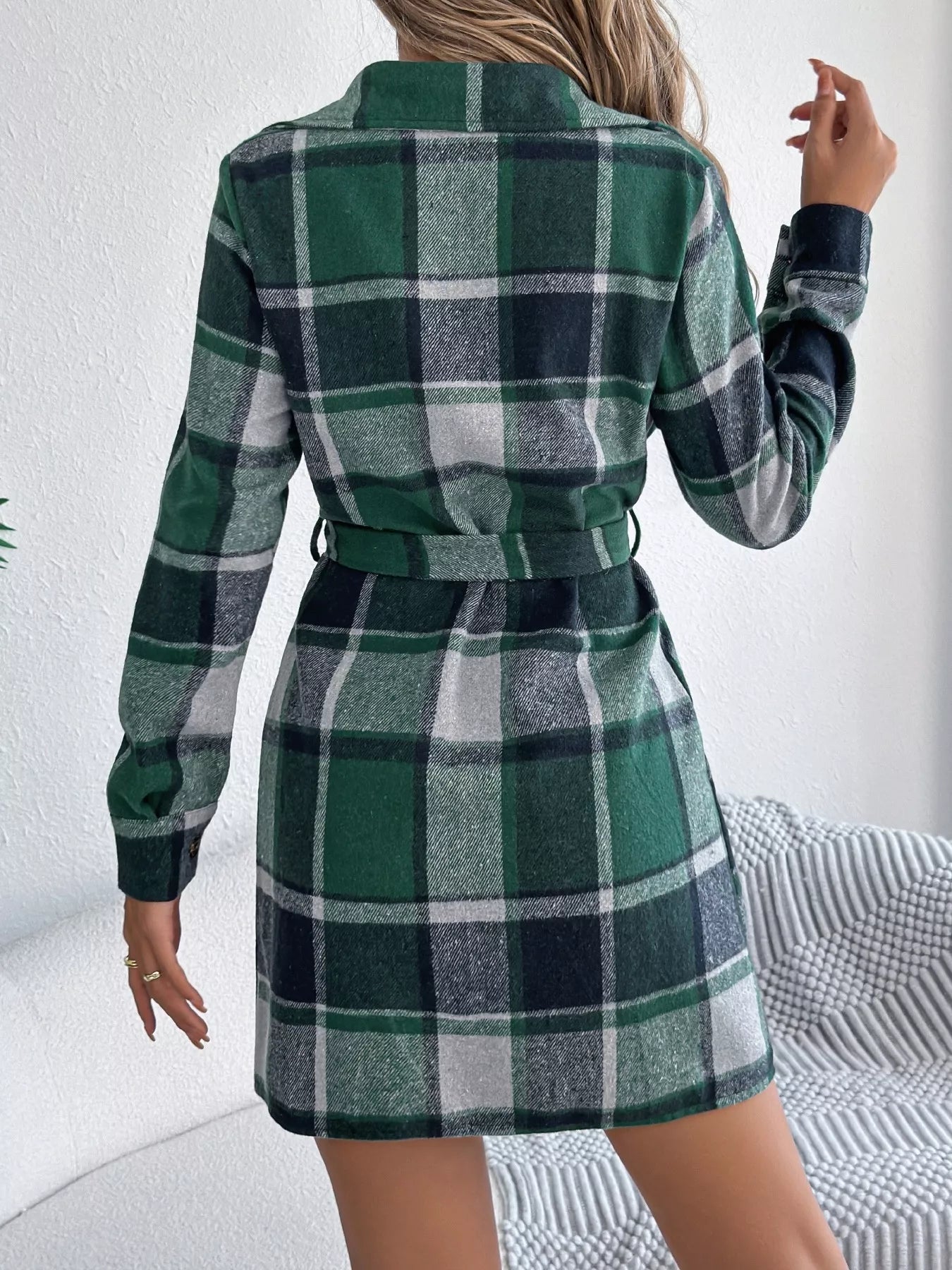 Plaid Button Front Tie Waist Shirt Dress