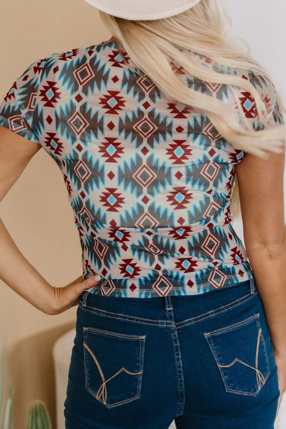 Western Aztec Print Mesh Slim T Shirt