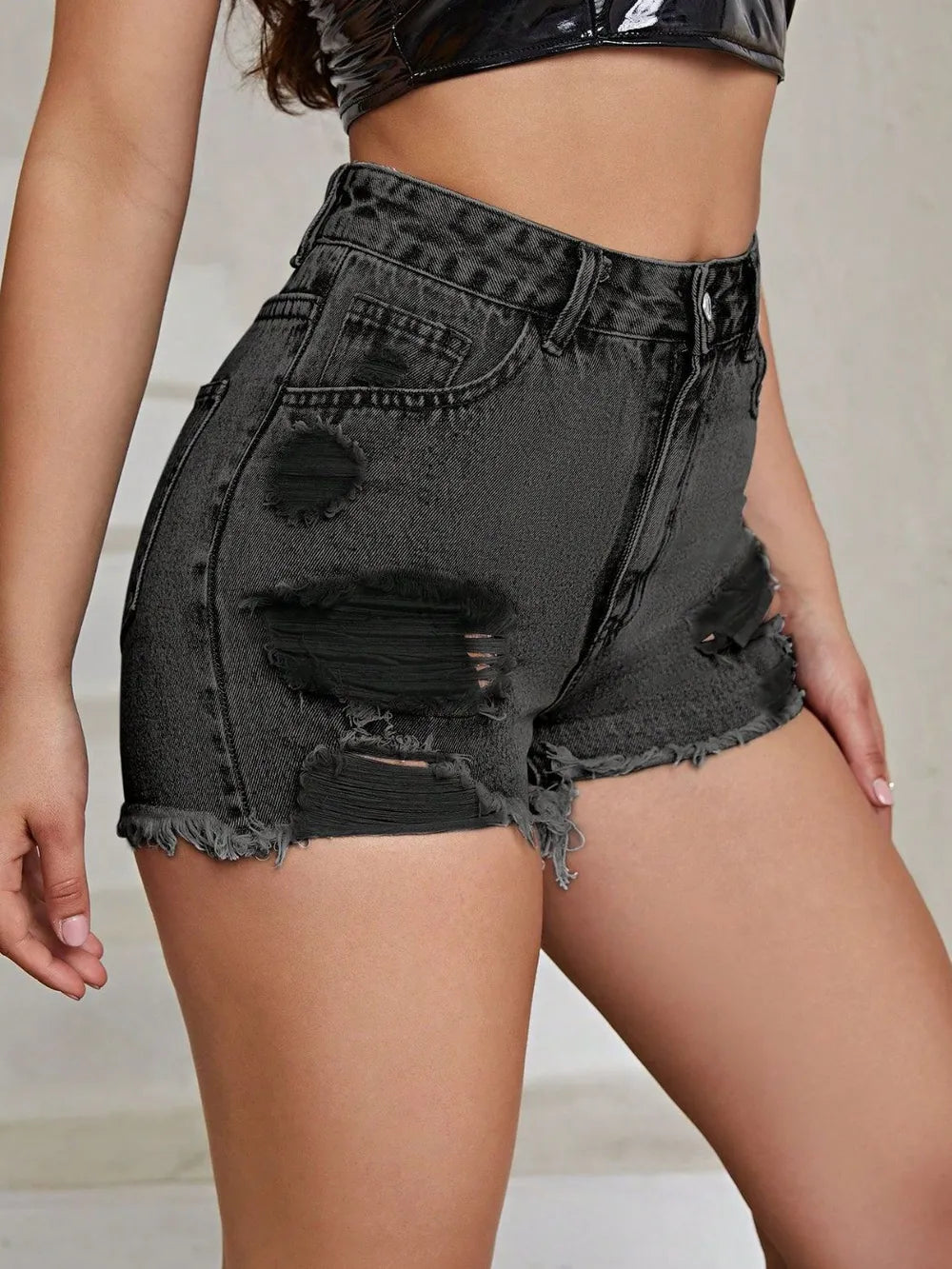 Distressed Raw Hem High Rise Denim Shorts