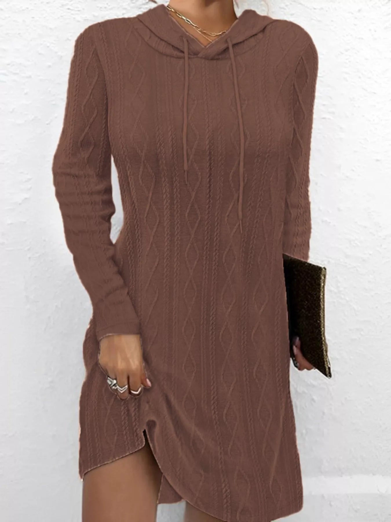 Casual Long Sleeve Hooded Knit Dress Dark Brown
