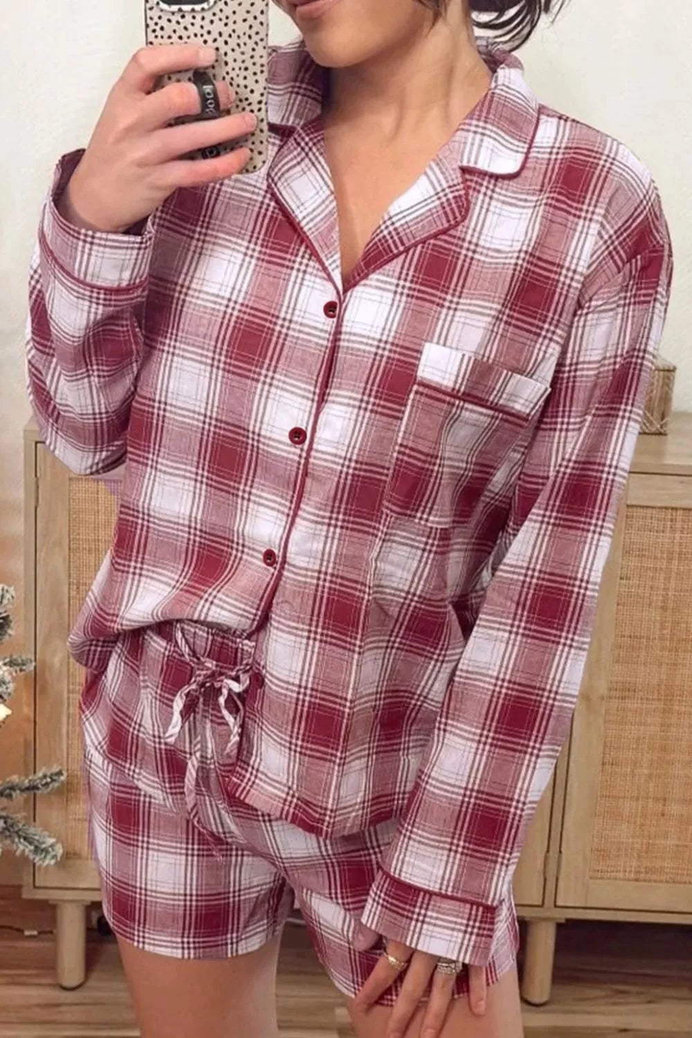 Plaid Long Sleeve Shirt and Drawstring Shorts Lounge Set