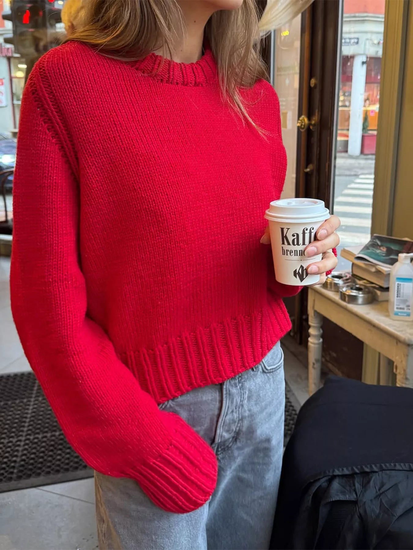Ribbed Round Neck Sweater Red