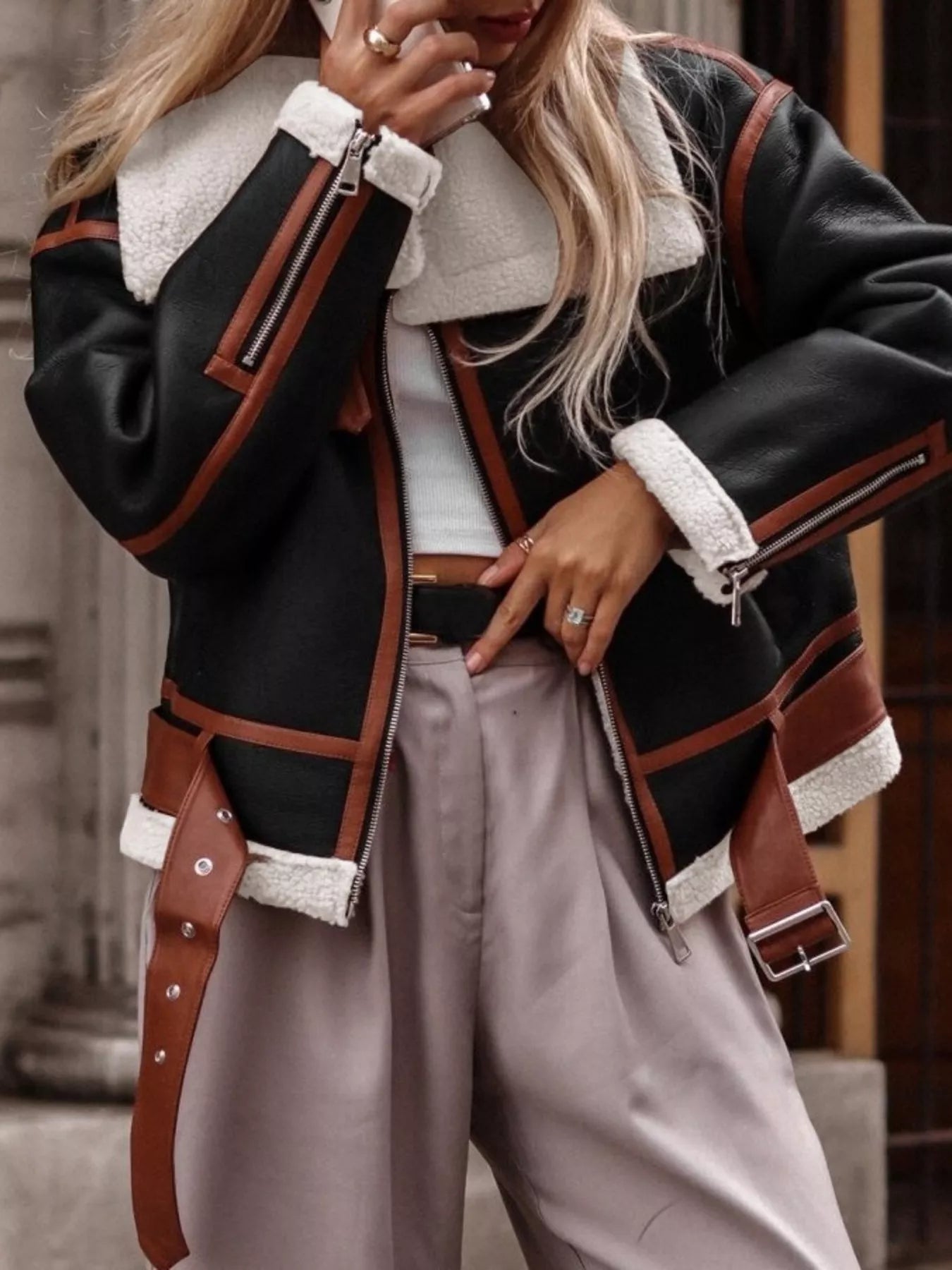 Shearling Lined Zip Up Jacket Black