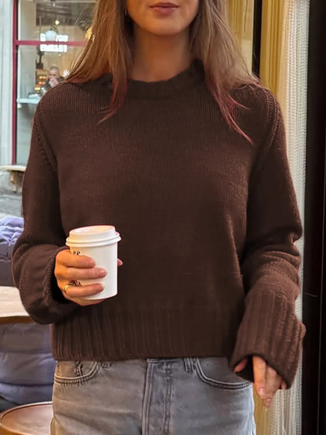 Ribbed Round Neck Sweater Brown