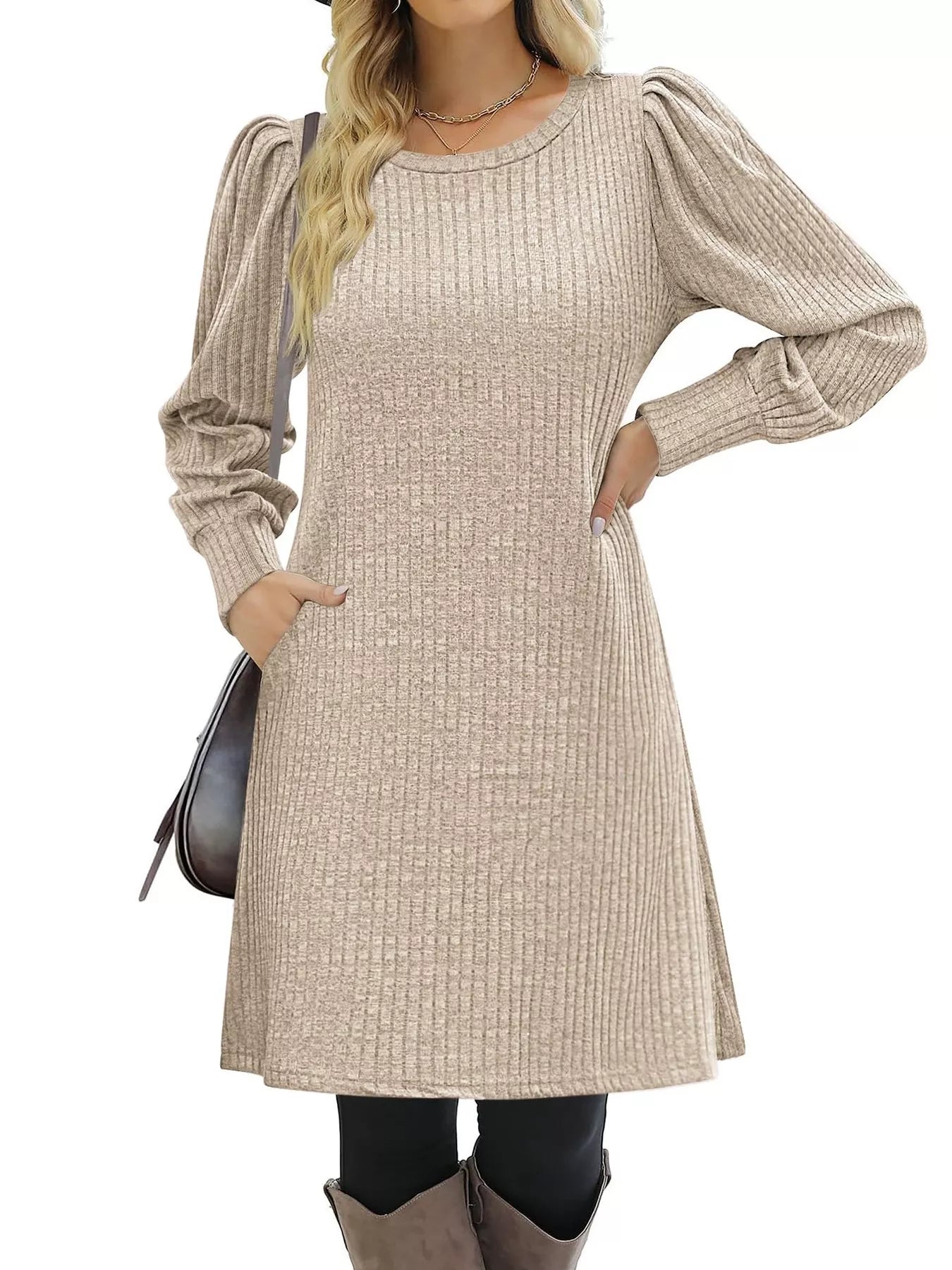 Ribbed Knit Puff Sleeve Casual Mini Dress Apricot