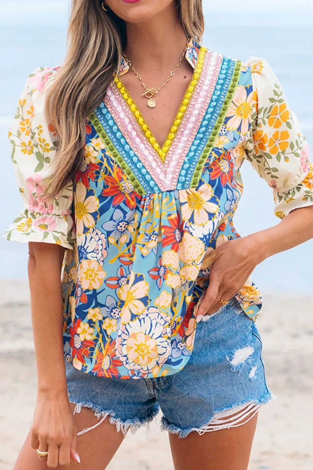 Multicolour Crochet V Neck Half Sleeve Boho Floral Blouse Floral