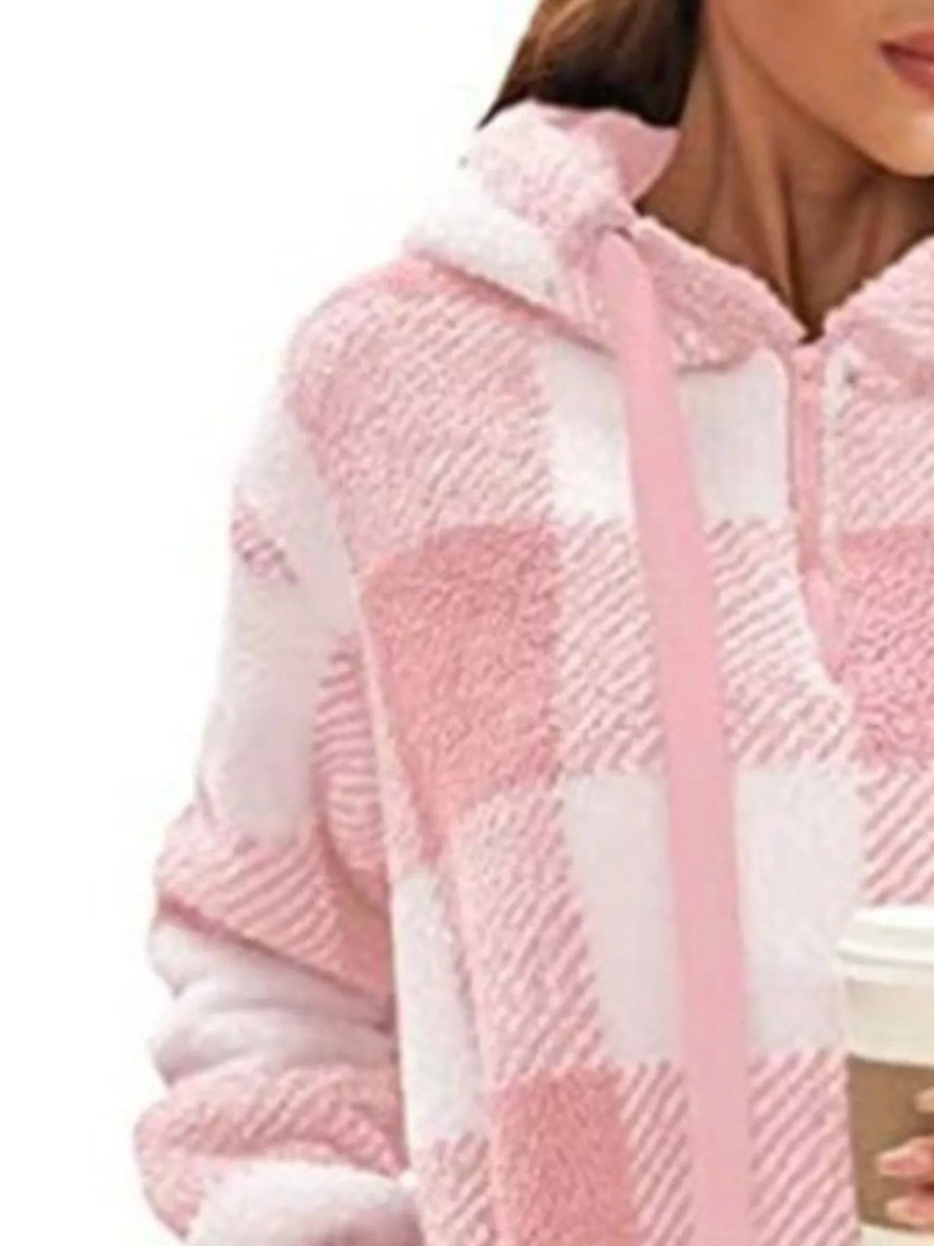 Full Size Plaid Sherpa Drawstring Hoodie Plus Size