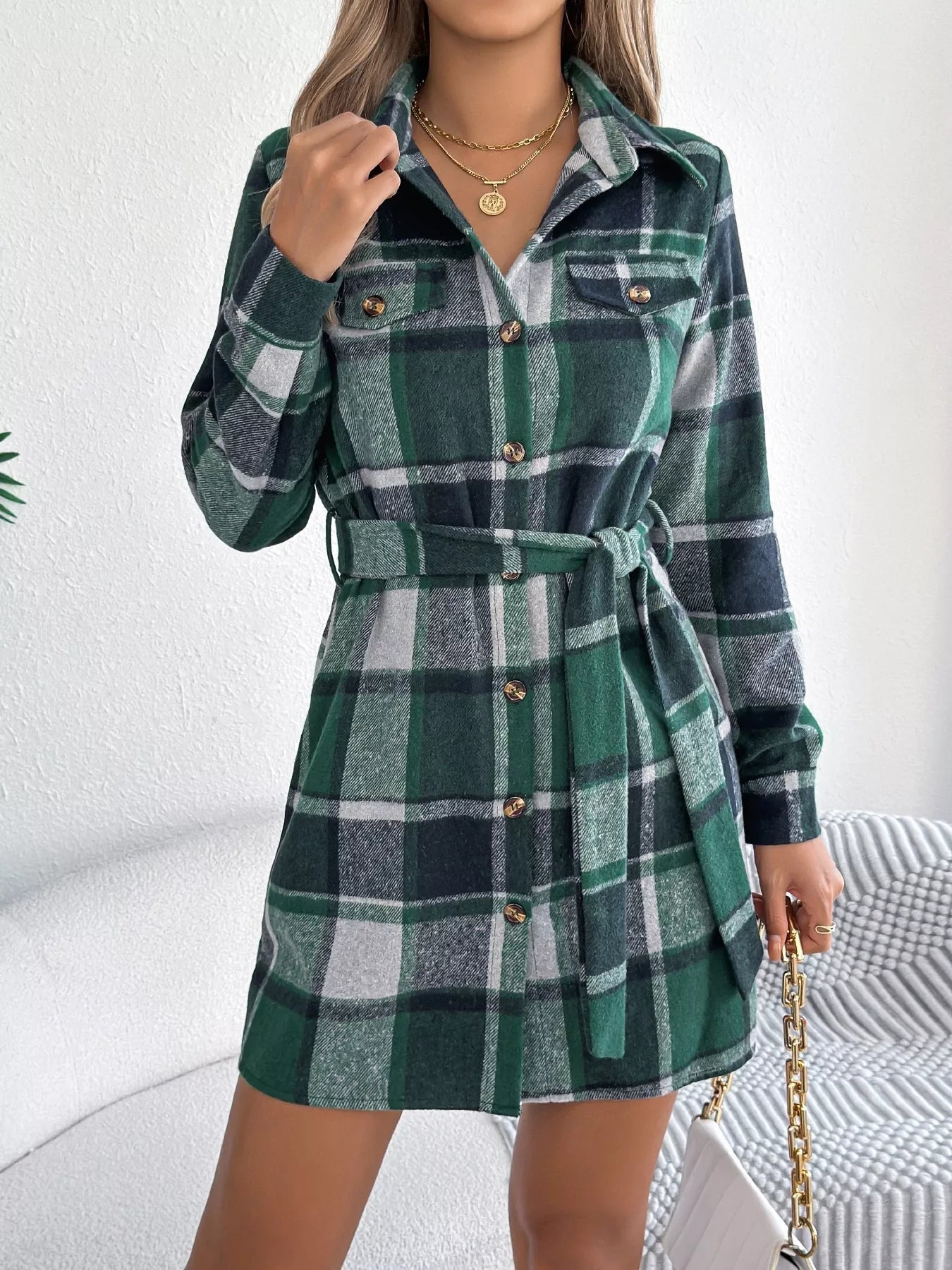 Plaid Button Front Tie Waist Shirt Dress