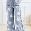Star Print Washed Drawstring High Waist Wide Leg Jeans