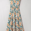 Floral Print Trimmed V Neck Tie Waist Sleeveless Dress