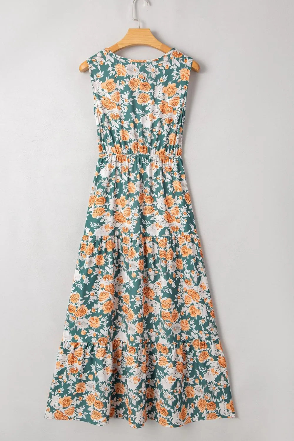 Floral Print Trimmed V Neck Tie Waist Sleeveless Dress