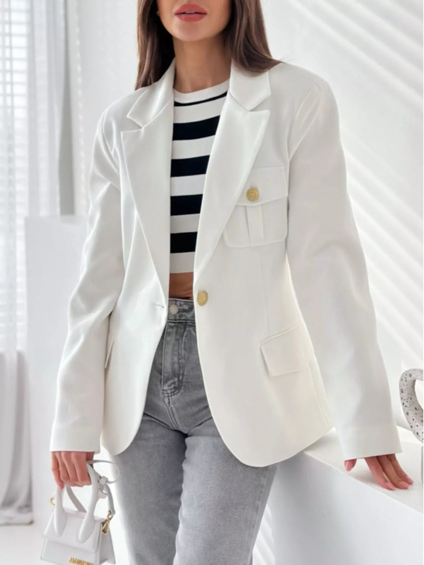 Lapel Collar One Button Blazer White