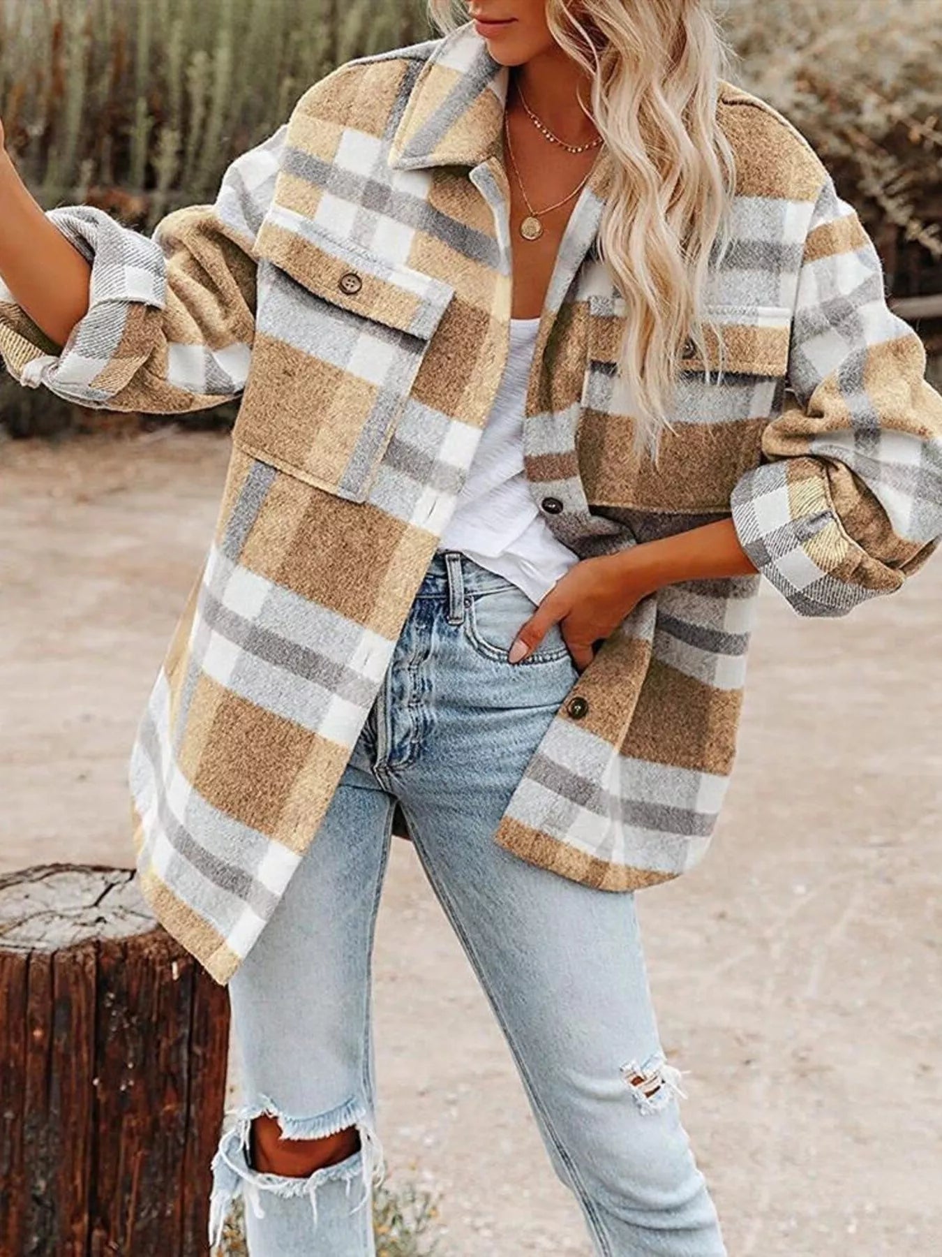 Plaid Button-Down Long Sleeve Jacket Khaki